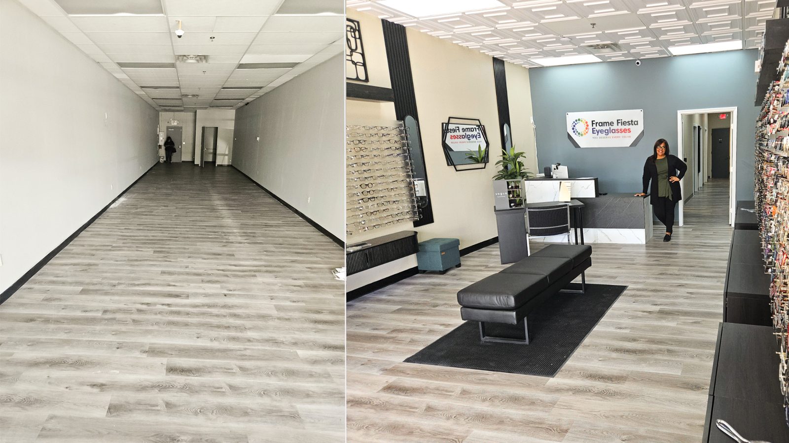 Before and after: the empty retail space, and the finished Frame Fiesta showroom.